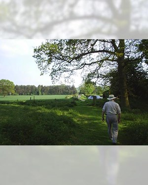 Field and a car parked behind a fence