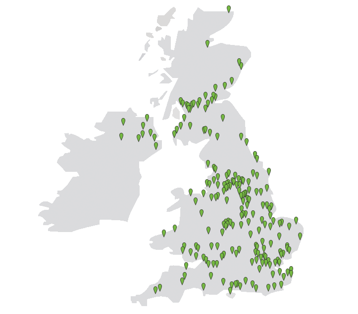 UK map with green markers for CarTakeBack locations